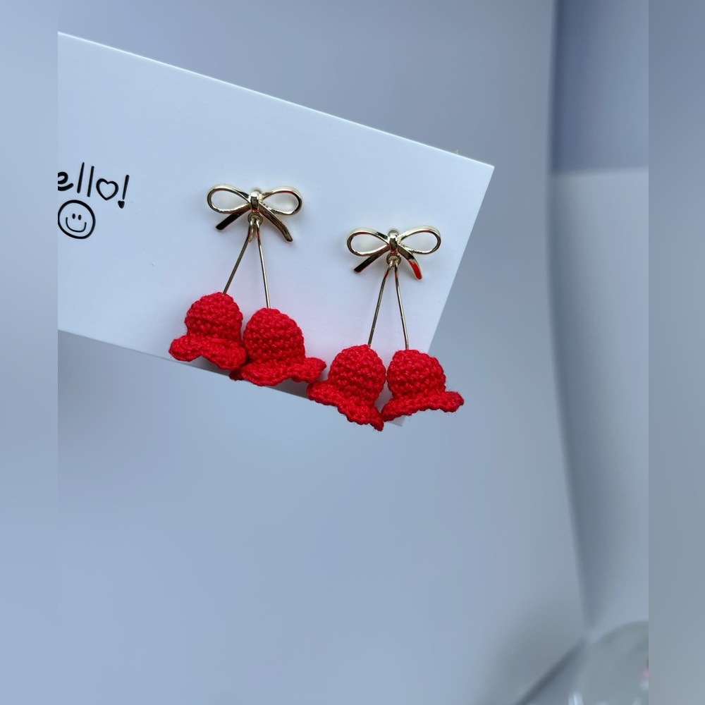 handmade micro crocheted red lily of the valley stud earrings